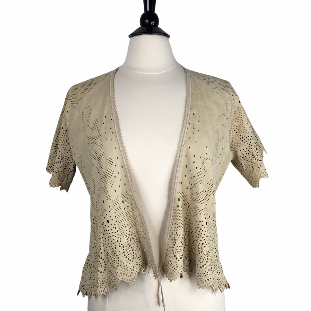 The Wrights Laser Cut Suede Leather Open Front Jacket Light Tan